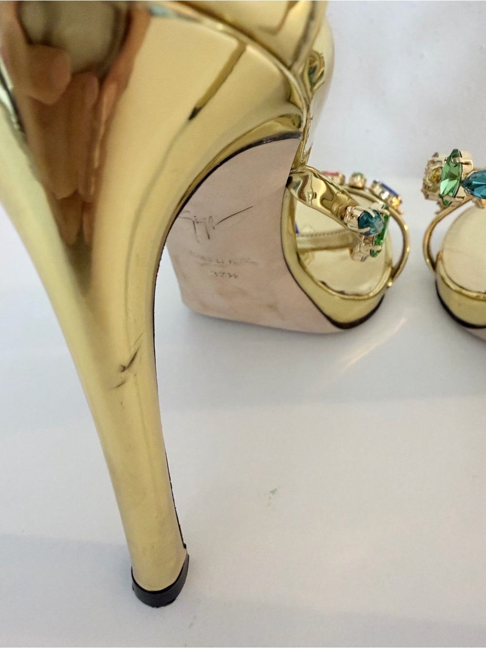Giuseppe Zanotti Harmony Gold Jeweled Multicolor Crystal-Strap Heels size 37.5 - Picture 7 of 17